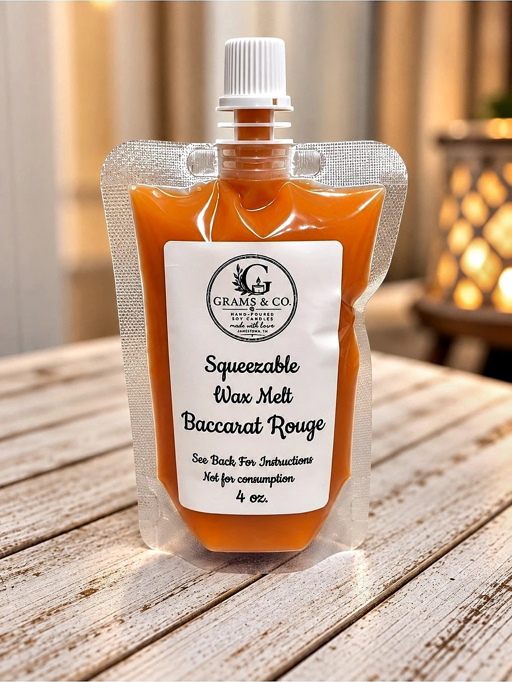 Grams & Co. Squeezable Wax Melt Baccarat Rouge. Orange, 4 oz